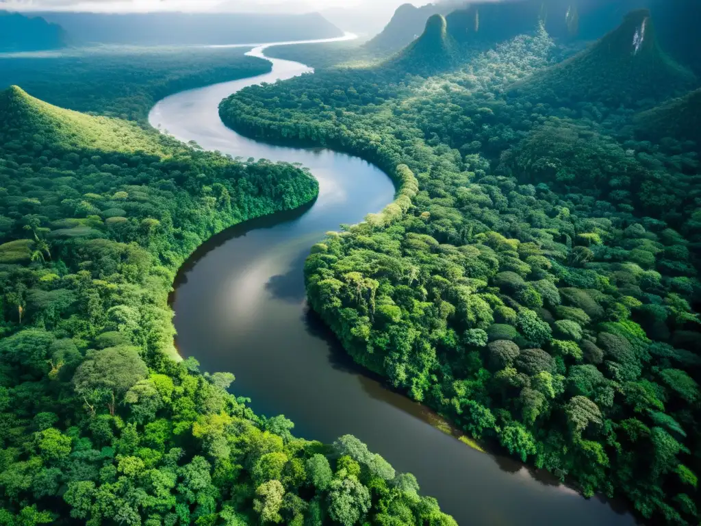 Imagen aérea de exuberante selva con río serpenteante, diversa flora y fauna