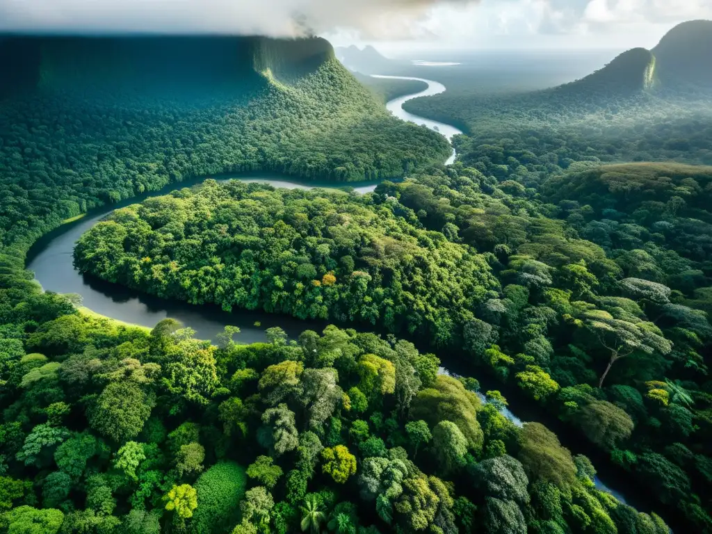 Imagen aérea de exuberante selva con ríos, fauna y luz filtrándose entre frondosa vegetación