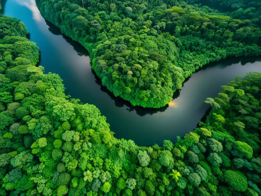 Imagen aérea de exuberante selva tropical, con diversa biodiversidad y río serpenteante