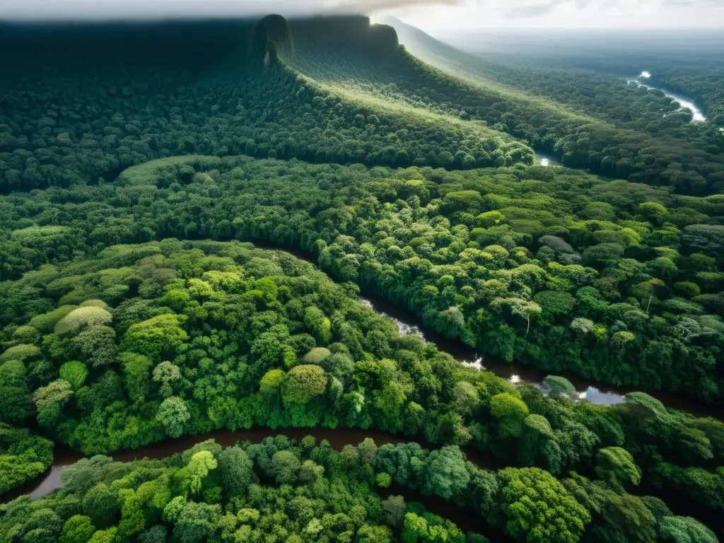 Imagen aérea de exuberante selva tropical, con ríos serpenteantes y diversa vegetación