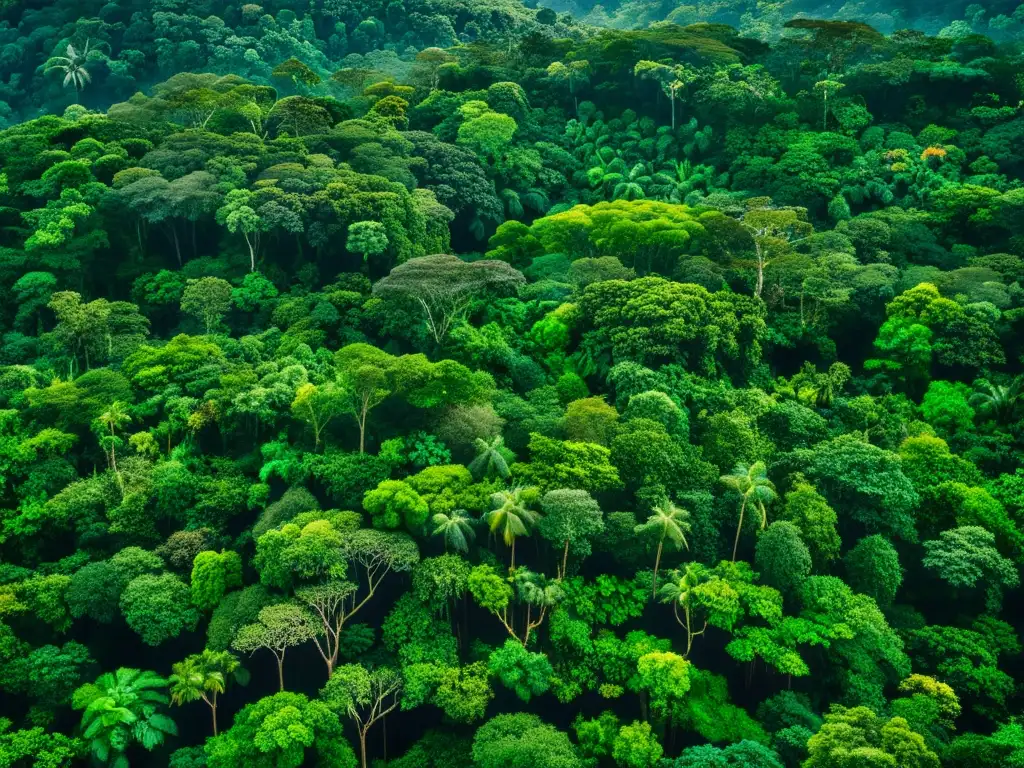 Imagen aérea de exuberante selva tropical, con árboles altos y follaje verde