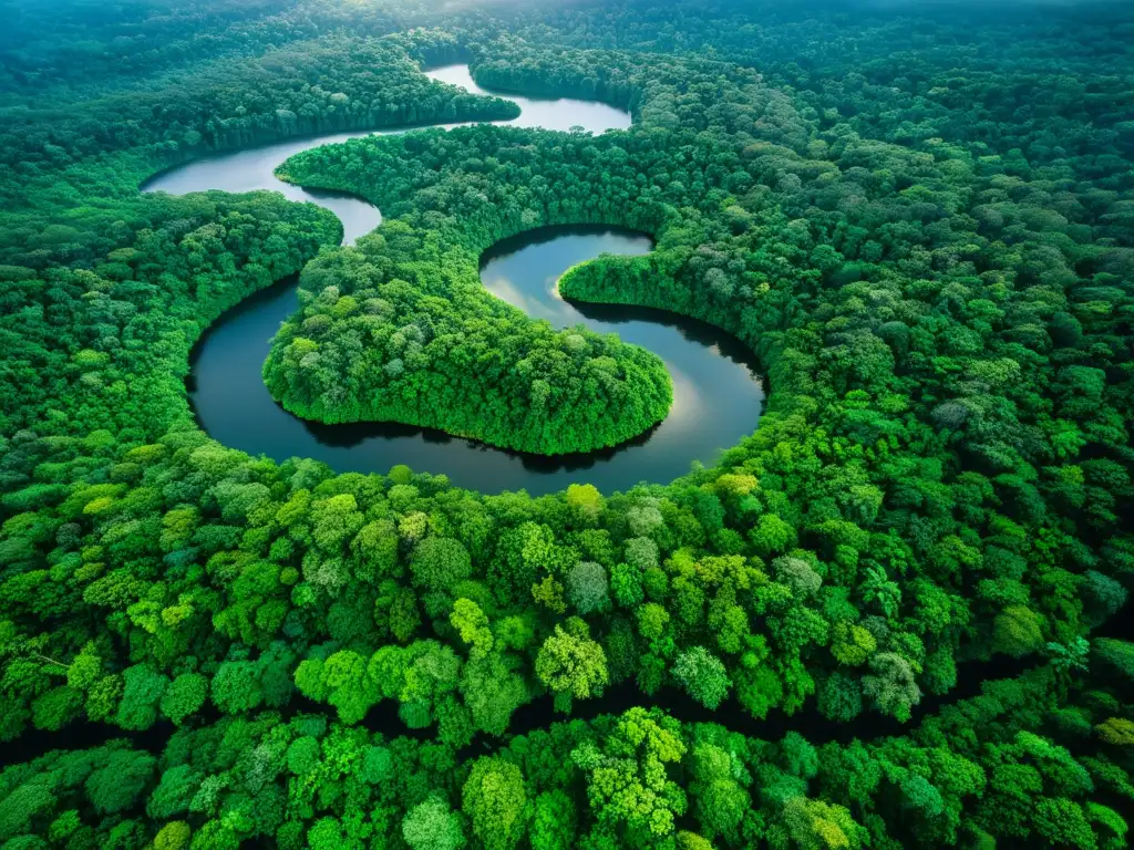 Imagen aérea de exuberante selva tropical con río serpenteante