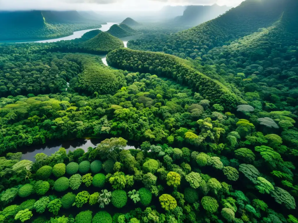 Imagen aérea de exuberante selva con diversidad de flora y fauna, río serpenteante