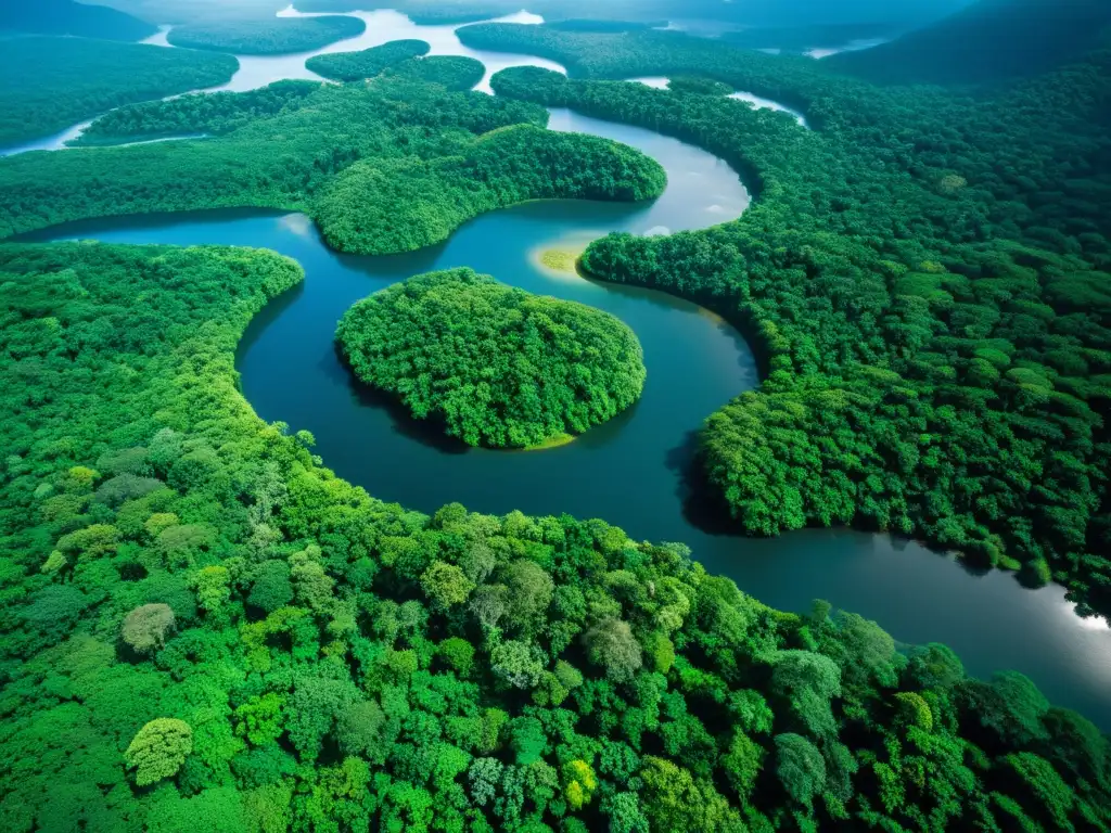 Imagen aérea de exuberante selva tropical, ríos serpenteantes y biodiversidad