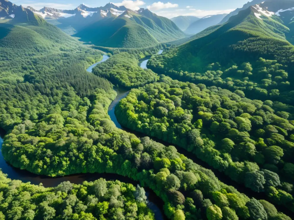 Imagen aérea de exuberante bosque, río serpenteante, montañas nevadas