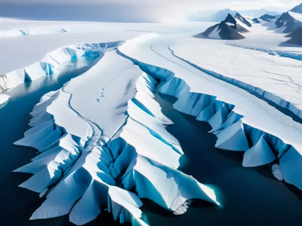 Imagen aérea de un glaciar en retroceso, con grietas intrincadas y hielo azul profundo, rodeado de un paisaje vasto y desolado