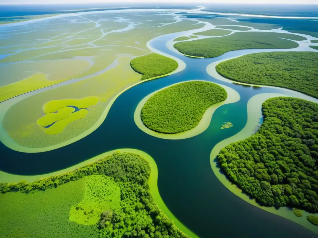 Imagen aérea de humedal con exuberante vegetación, aves y vida silvestre, destacando la gestión sostenible de humedales hidrológicos