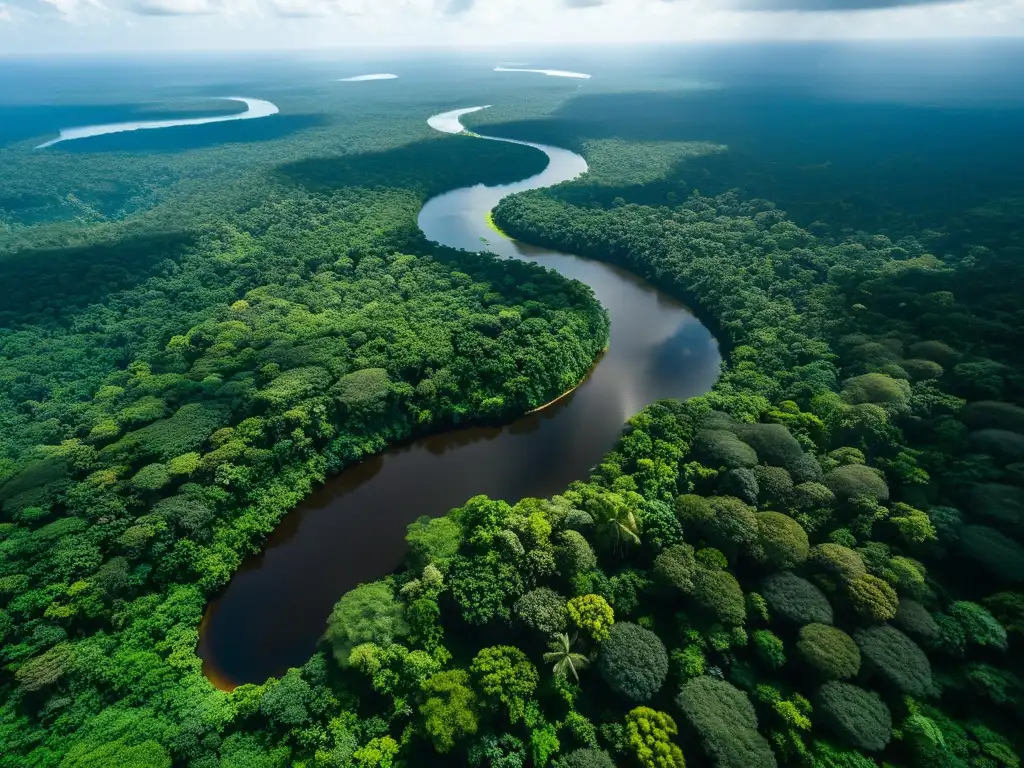 Imagen aérea impactante del Amazonas, con exuberante vegetación y ríos serpenteantes, reflejando la biodiversidad