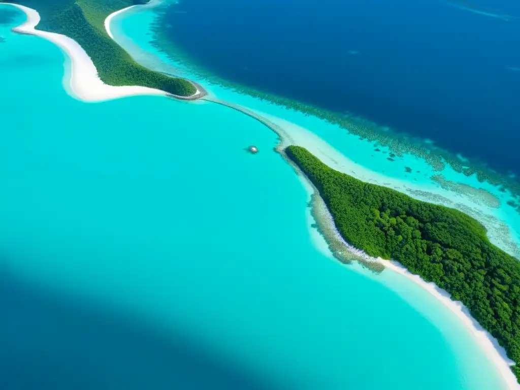 Imagen aérea impactante de una isla ecológica: costa turquesa, coral vibrante y biodiversidad marina