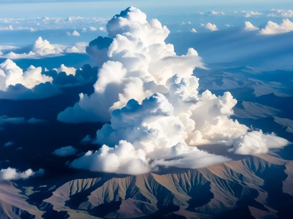 Imagen aérea impactante de nubes cumulus blancas, proyectando sombras dramáticas en la tierra