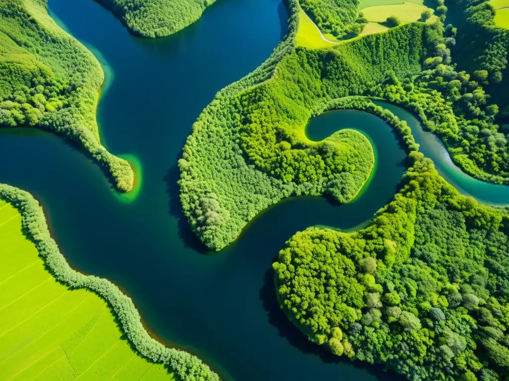 Imagen aérea impactante de un río serpenteante en un valle verde exuberante, ilustrando el impacto de los ríos en ecosistemas