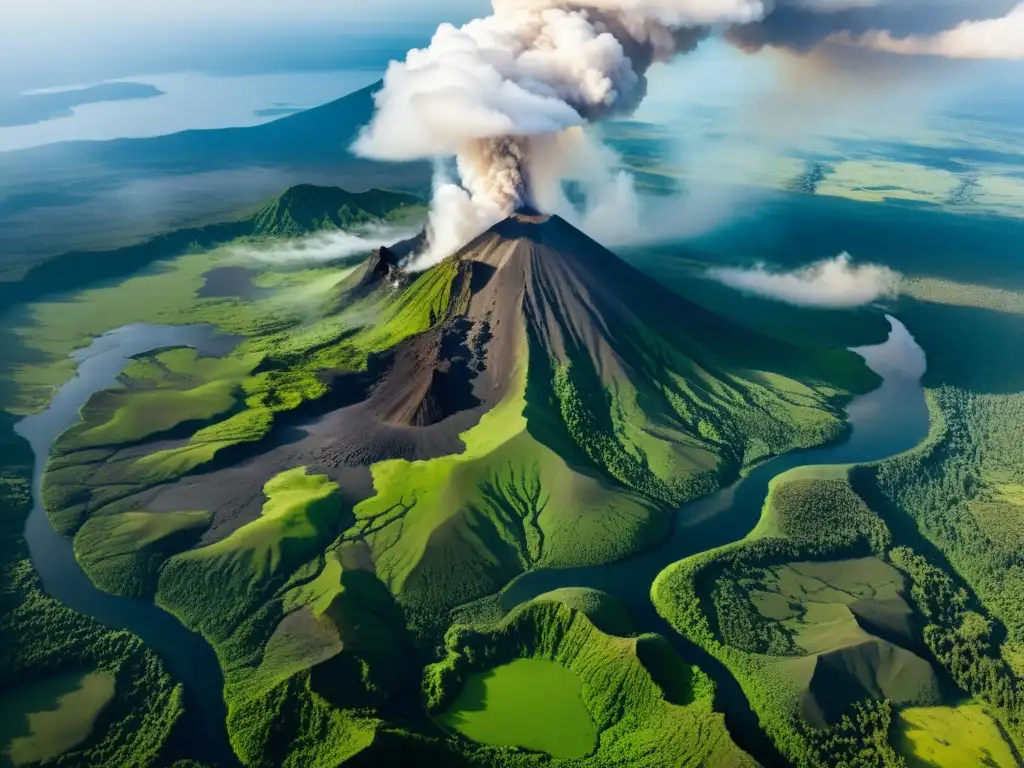 Imagen aérea de un imponente volcán rodeado de exuberante vegetación, con ríos serpenteantes