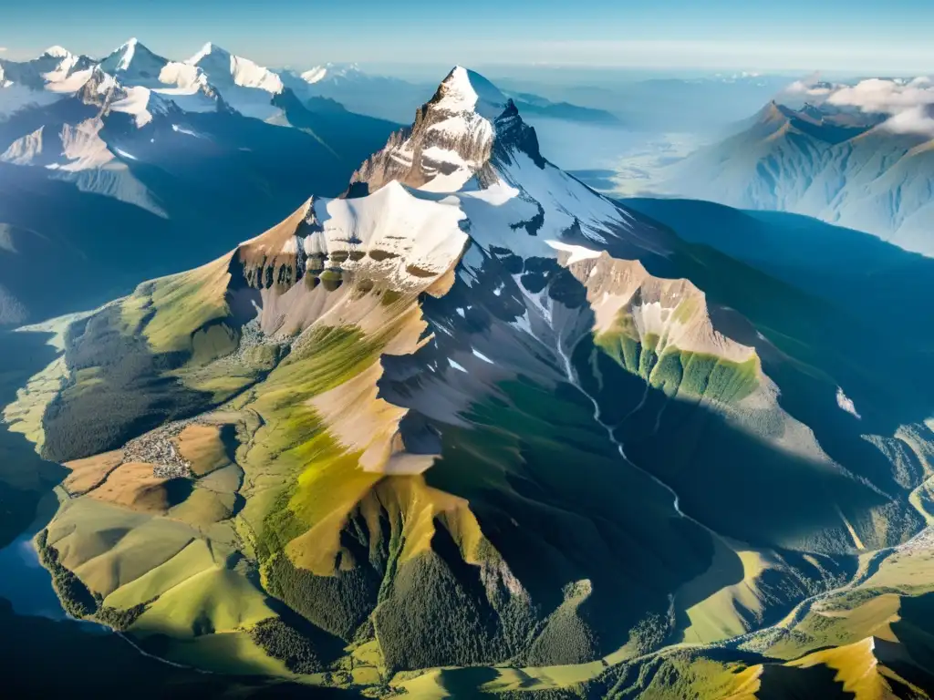 Imagen aérea de alta resolución de imponentes ecosistemas de montaña, con picos nevados y valles exuberantes, bañados por la luz del sol entre nubes