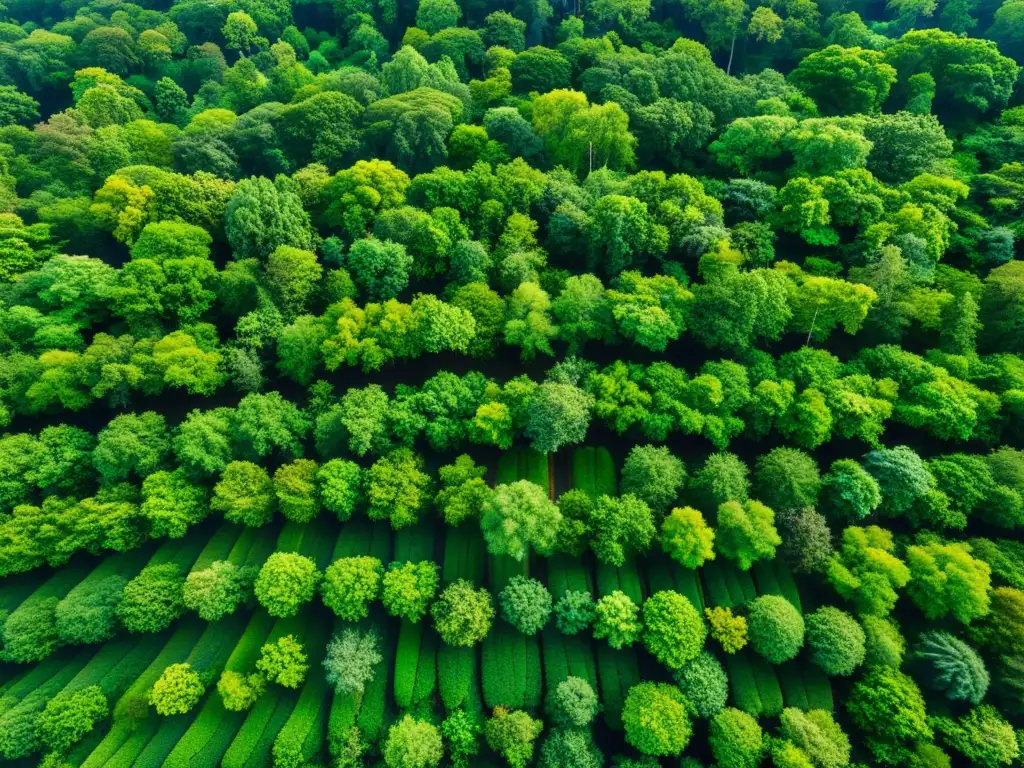 Imagen aérea impresionante de un exuberante bosque, con luz solar filtrándose entre las hojas