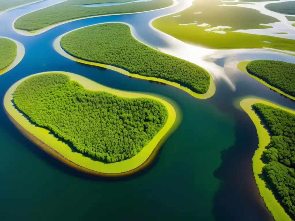 Imagen aérea impresionante de humedales, con intrincadas vías de agua, exuberante vegetación y vida silvestre diversa