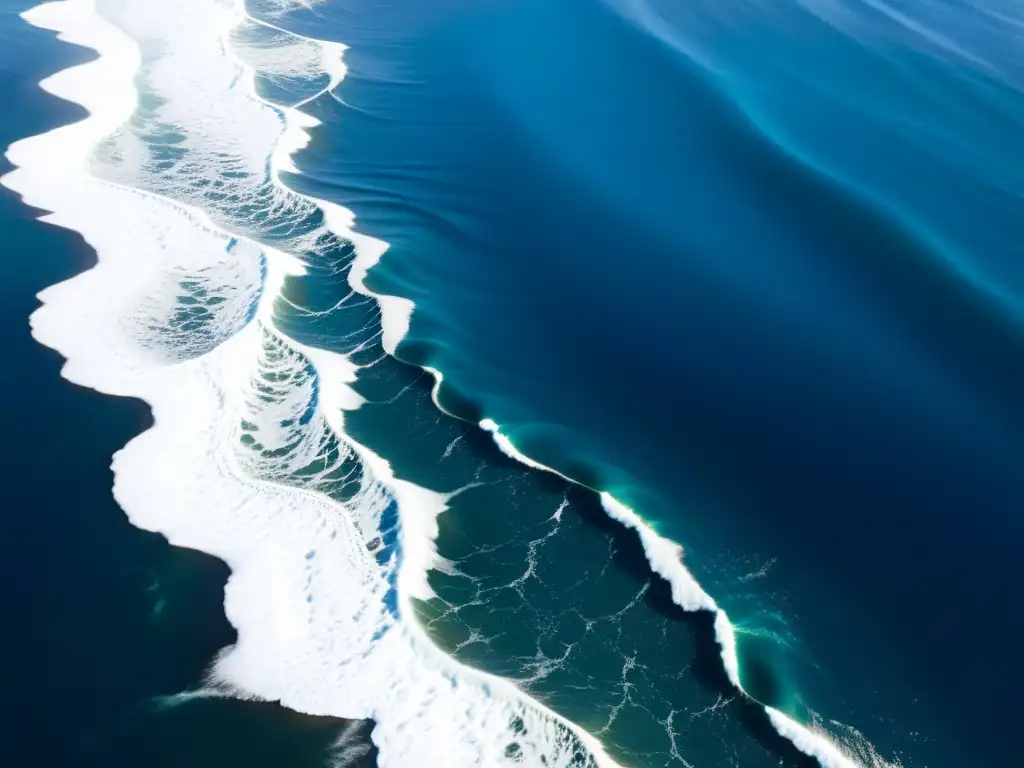 Imagen aérea impresionante del océano con patrones de corrientes y olas, reflejando la vastedad y dinamismo de los océanos del mundo