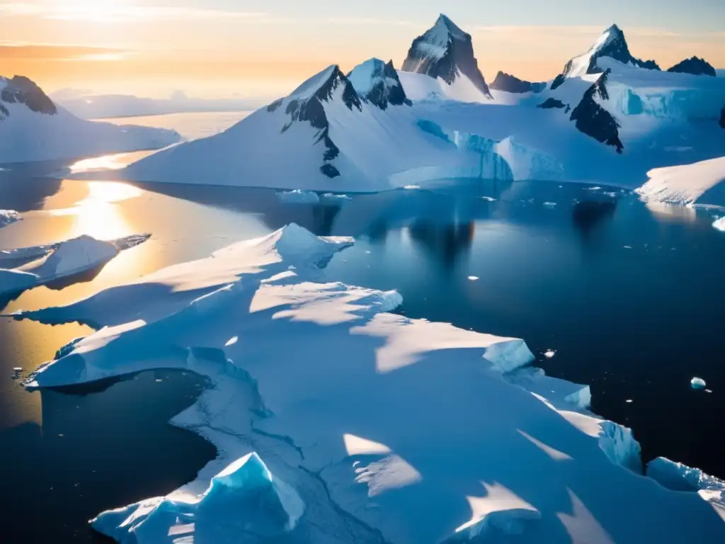 Imagen aérea impresionante del paisaje helado de la Antártida, con montañas escarpadas y glaciares