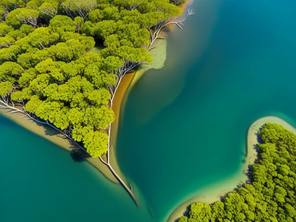 Imagen aérea de manglares: redes tróficas, biodiversidad y vida en el ecosistema acuático