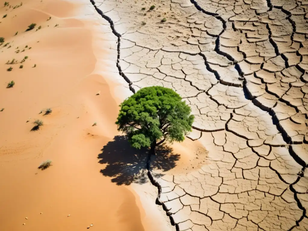 Imagen aérea de un paisaje desértico agrietado con un oasis verde y un árbol solitario