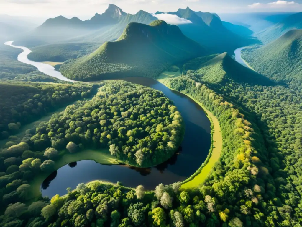 Esplendor natural: bosque, río y montañas Imagen aérea de un paisaje natural impresionante con bosque exuberante, río serpenteante y majestuosa cordillera