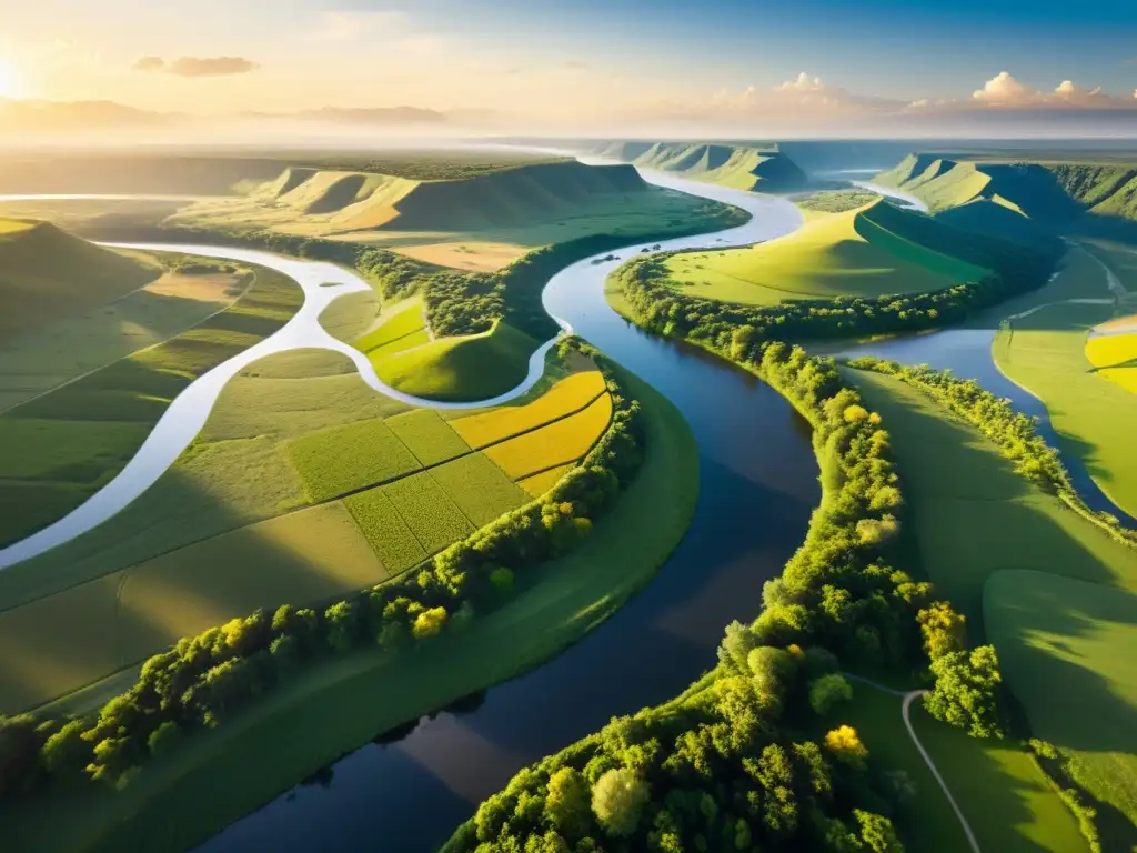 Imagen aérea de paisaje natural con ríos serpenteantes, aves migratorias y una atmósfera serena