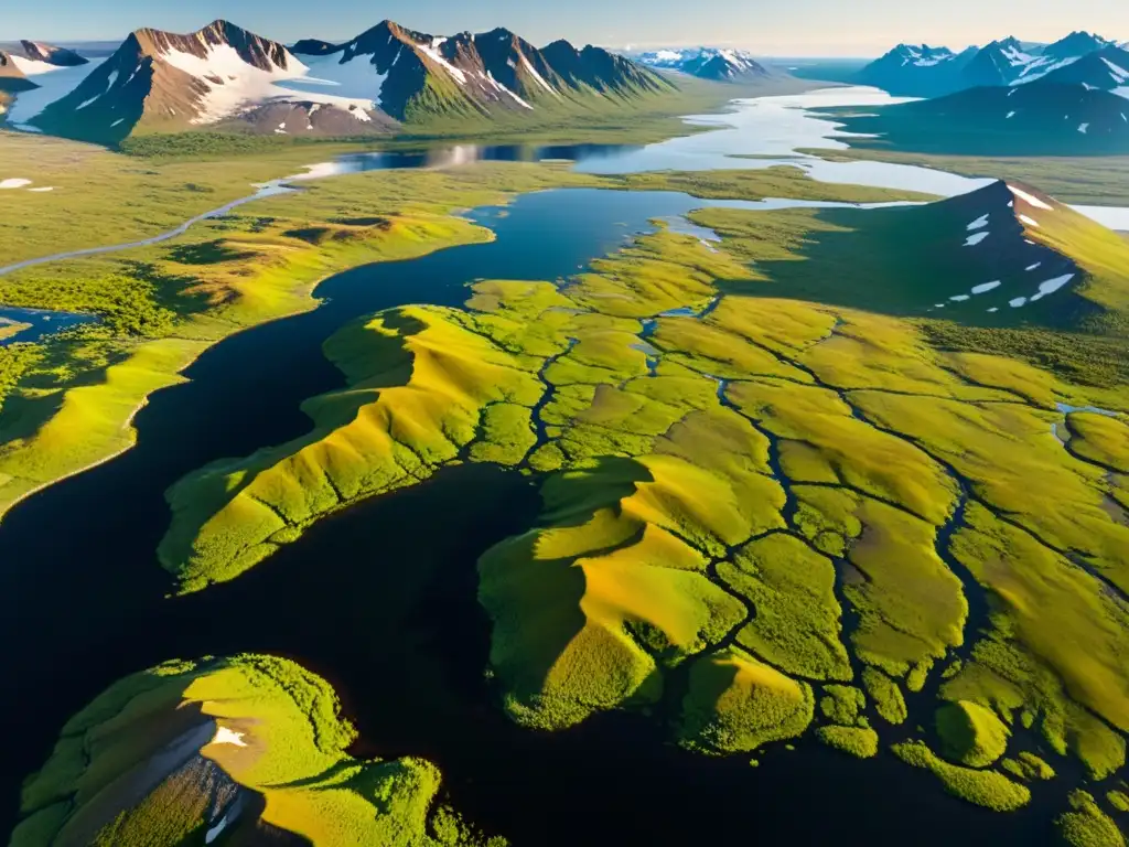 Imagen aérea de páramo ártico con conservación fauna ártica en páramos, reflejando su belleza natural y vitalidad