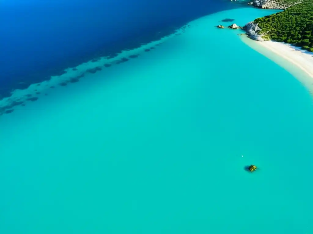 Imagen aérea de una playa virgen en una remota isla griega, con aguas cristalinas y tortugas marinas