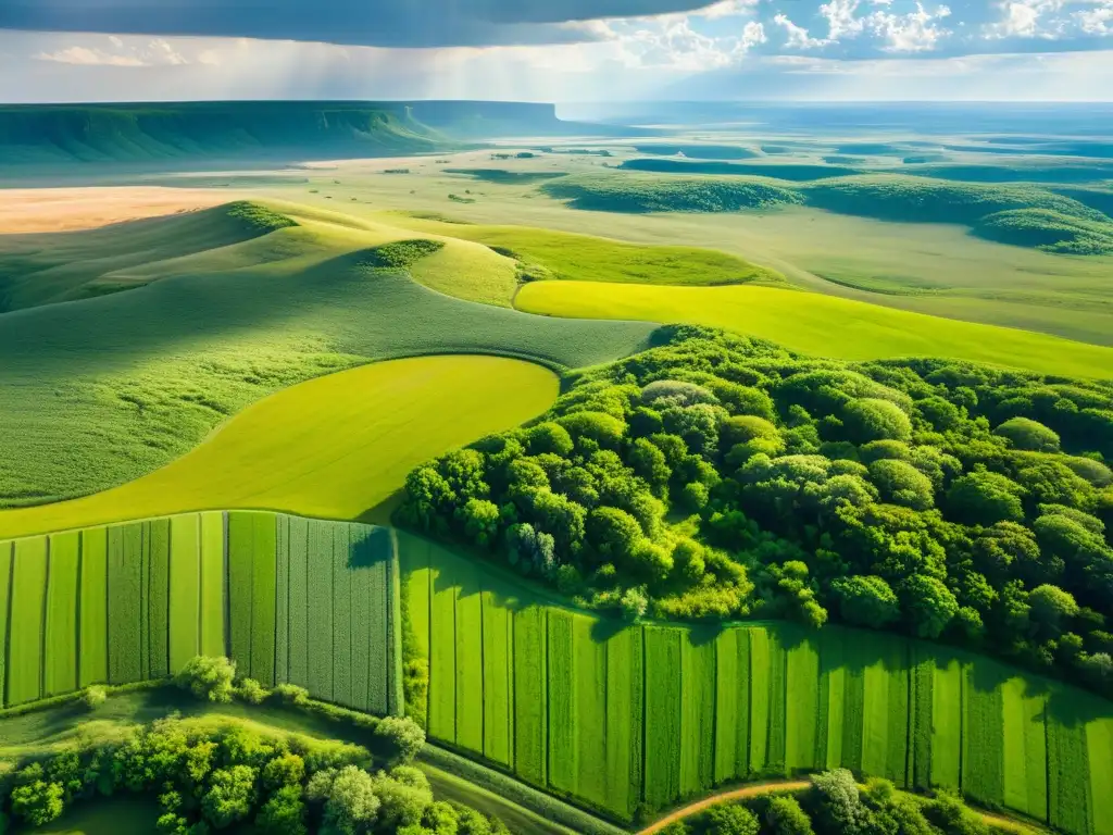 Imagen aérea de pradera exuberante con vida vegetal variada, colinas y animales pastando