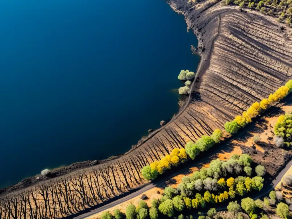 Imagen aérea de alta resolución de un área forestal quemada en el Mediterráneo, mostrando el impacto ecológico de los incendios forestales