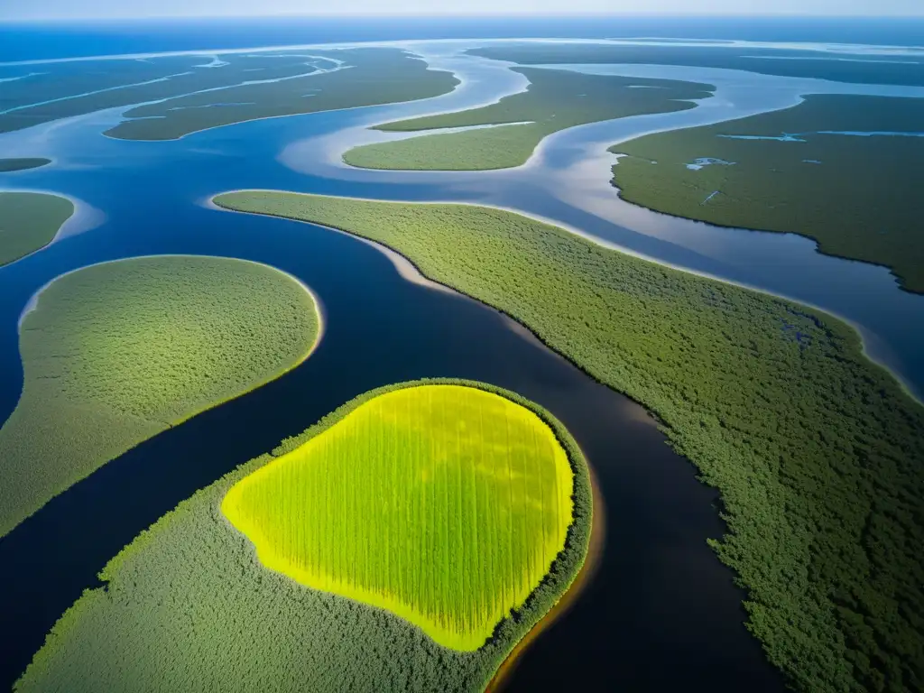 Imagen aérea de alta resolución del ecosistema Everglades en Florida, con sus zonas húmedas, redes de agua y diversa vegetación