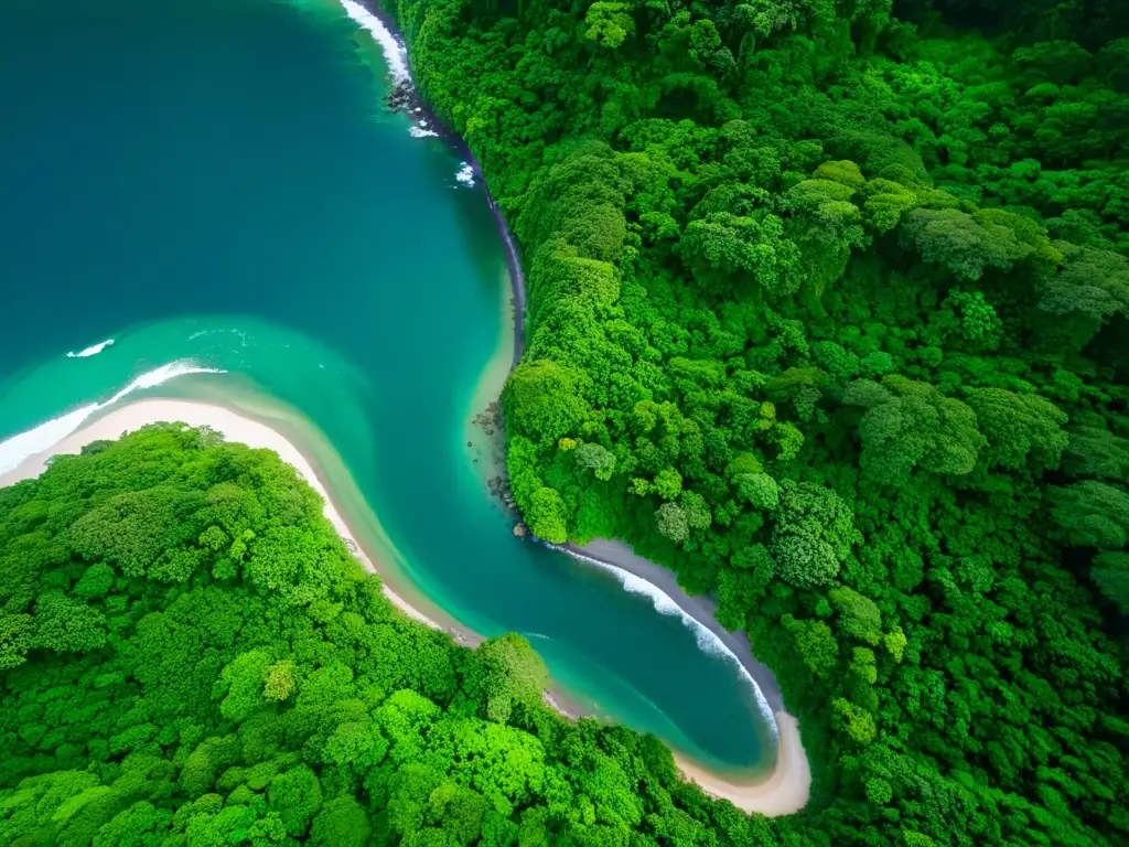 Imagen aérea de alta resolución del exuberante Parque Nacional Manuel Antonio en Costa Rica, con su biodiversidad y belleza natural