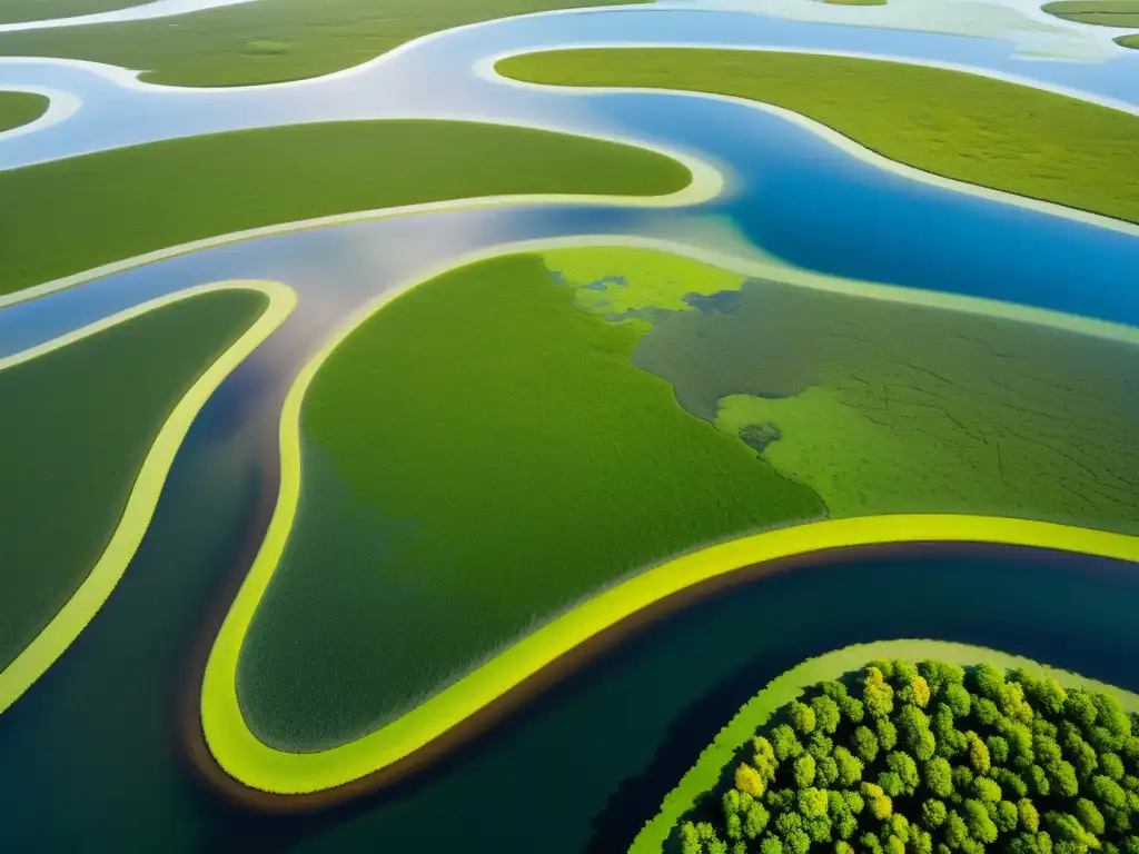 Imagen aérea de alta resolución de un exuberante ecosistema de humedales, destacando la diversidad de vegetación y la vitalidad de estos ecosistemas