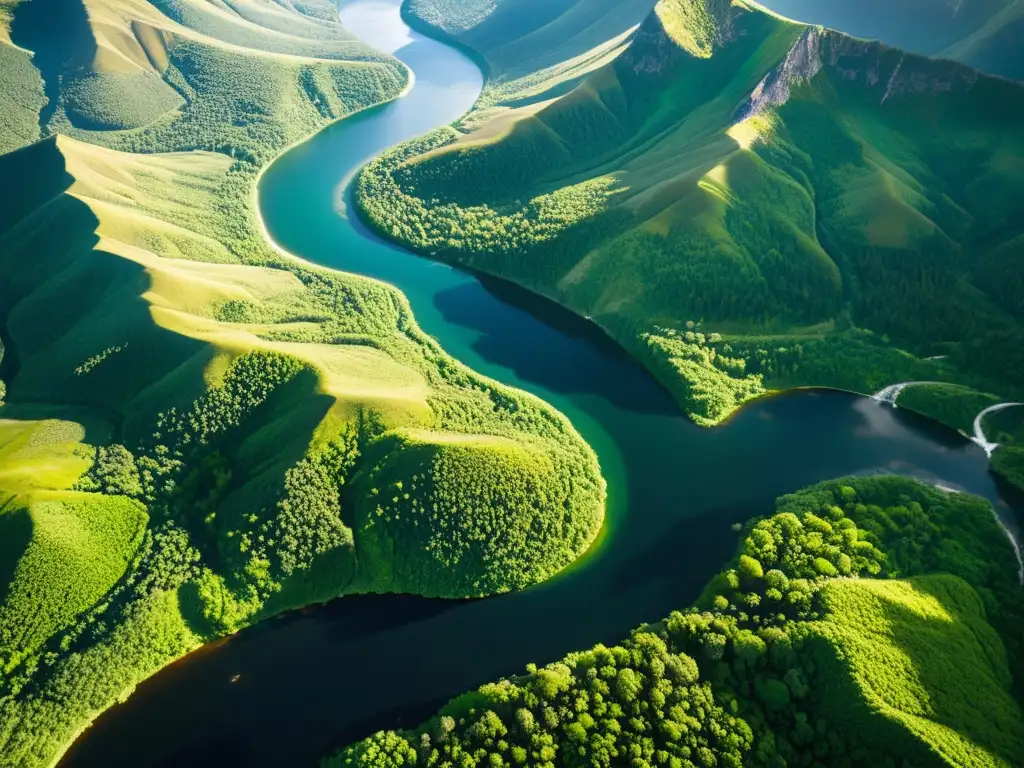 Imagen aérea de alta resolución destacando la importancia de la topografía en los modelos de ecosistemas, con un paisaje dinámico y biodiverso