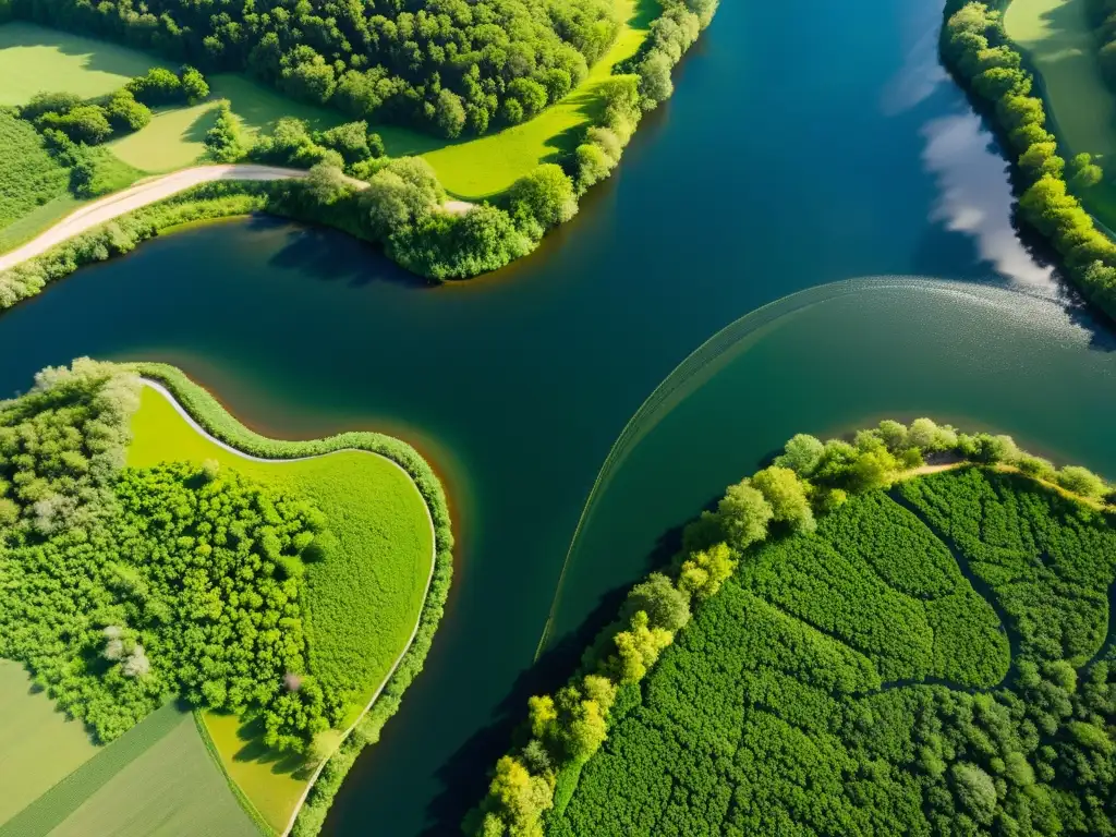 Imagen aérea de un río serpenteando entre un exuberante paisaje verde, resaltando la importancia de la gestión sostenible de recursos hídricos