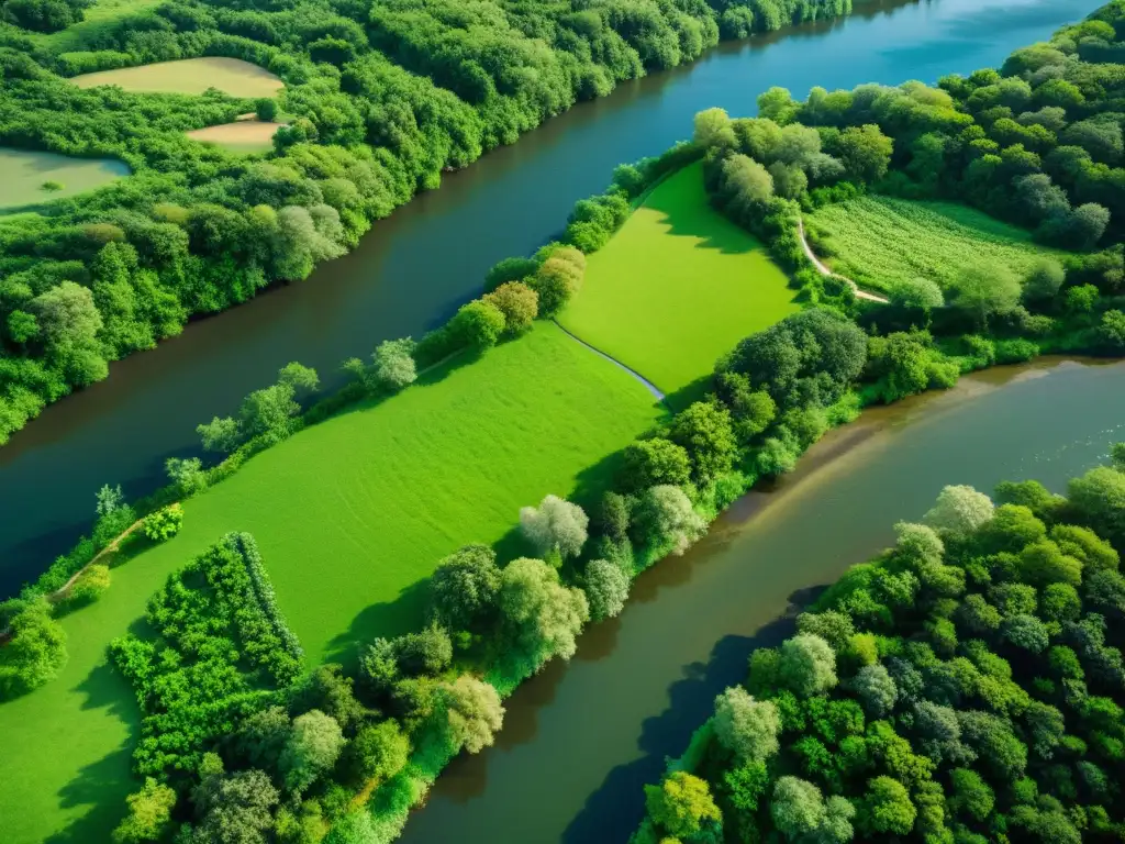 Imagen aérea de un río serpenteando entre un exuberante paisaje verde, con barcos y vida silvestre en sus orillas