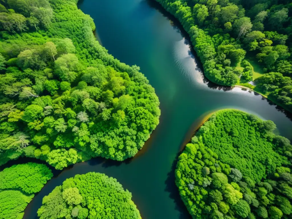 Imagen aérea de un río serpenteante en un exuberante bosque, con la luz solar filtrándose entre el dosel y creando sombras en el agua