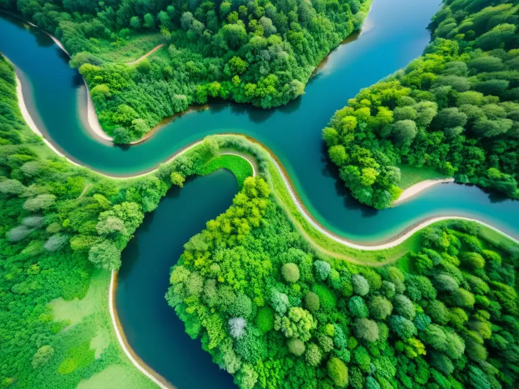 Imagen aérea de un río serpenteante en un exuberante paisaje verde, mostrando la importancia de la gestión sostenible de recursos hídricos