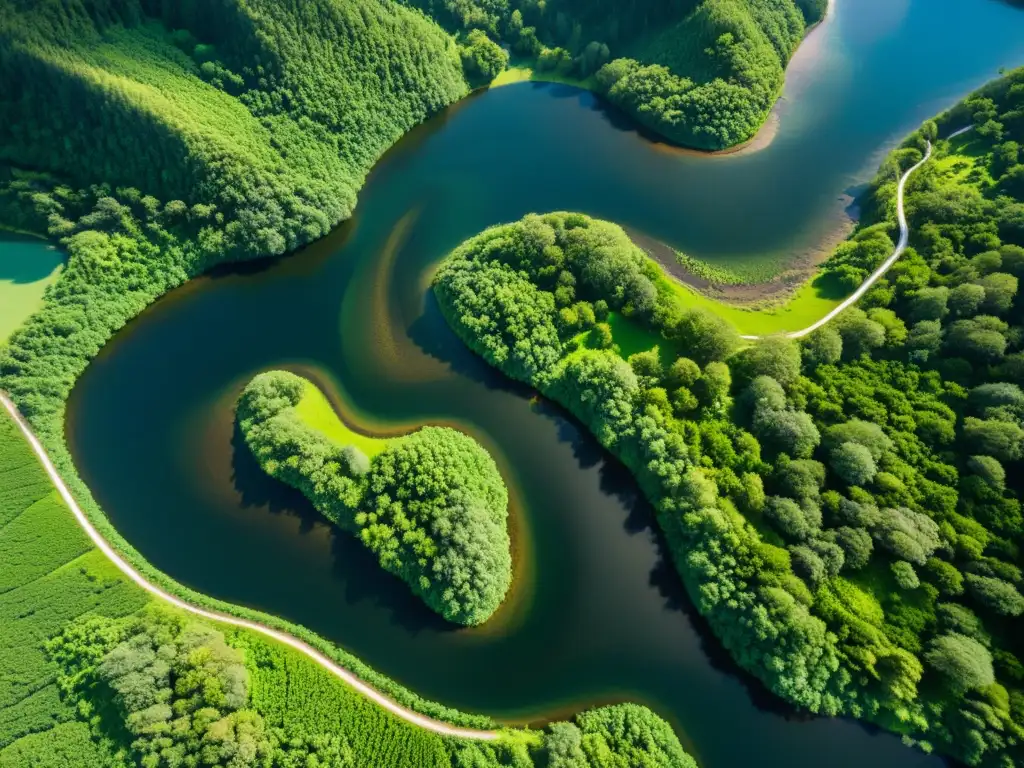 Imagen aérea de un río serpenteante fluyendo a través de un exuberante paisaje, resaltando la importancia del agua dulce en regiones