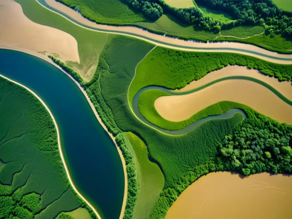 Imagen aérea de un sinuoso sistema fluvial que muestra el impacto de los ríos en ecosistemas y la dinámica natural del agua