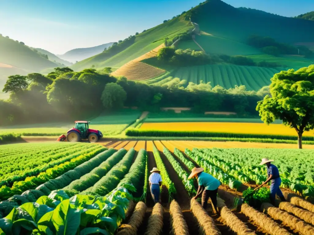 Imagen de agricultores y expertos en agricultura sostenible trabajando juntos en un campo exuberante y soleado