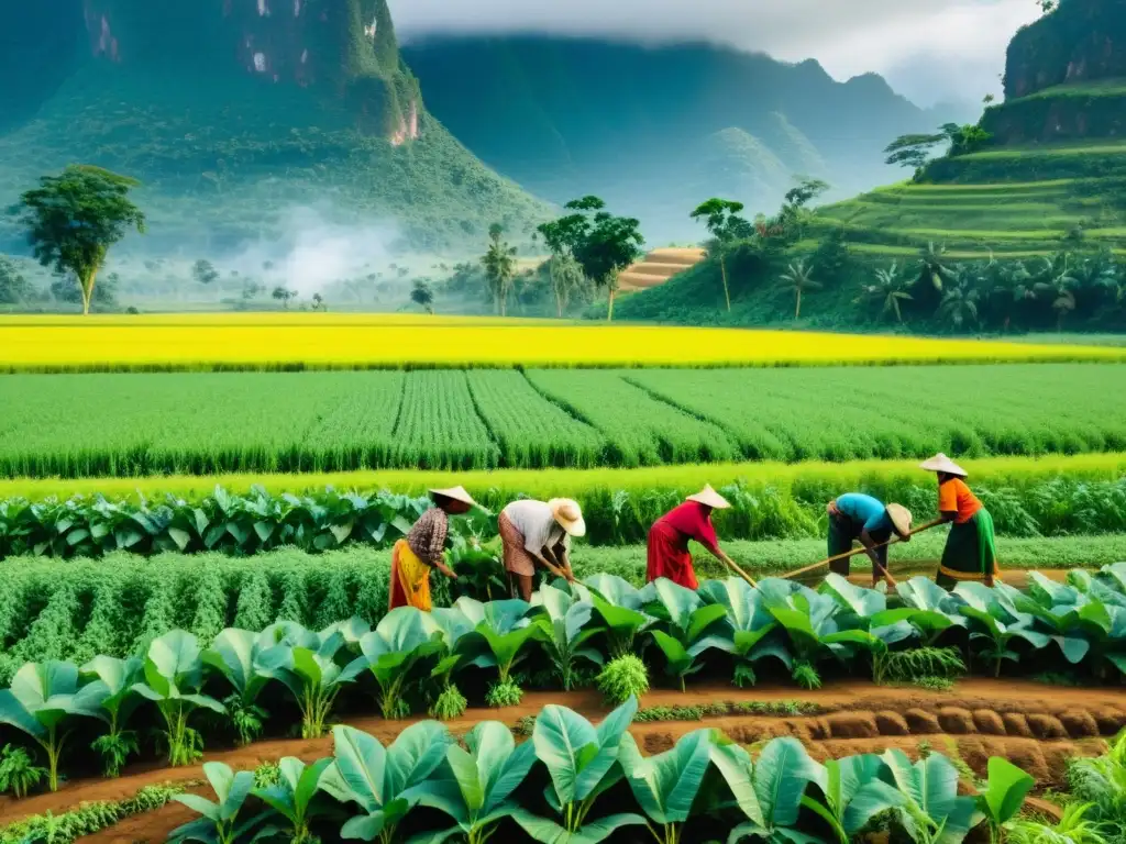 Imagen de agricultores indígenas trabajando en armonía con la naturaleza, destacando la conservación de ecosistemas mediante agricultura indígena