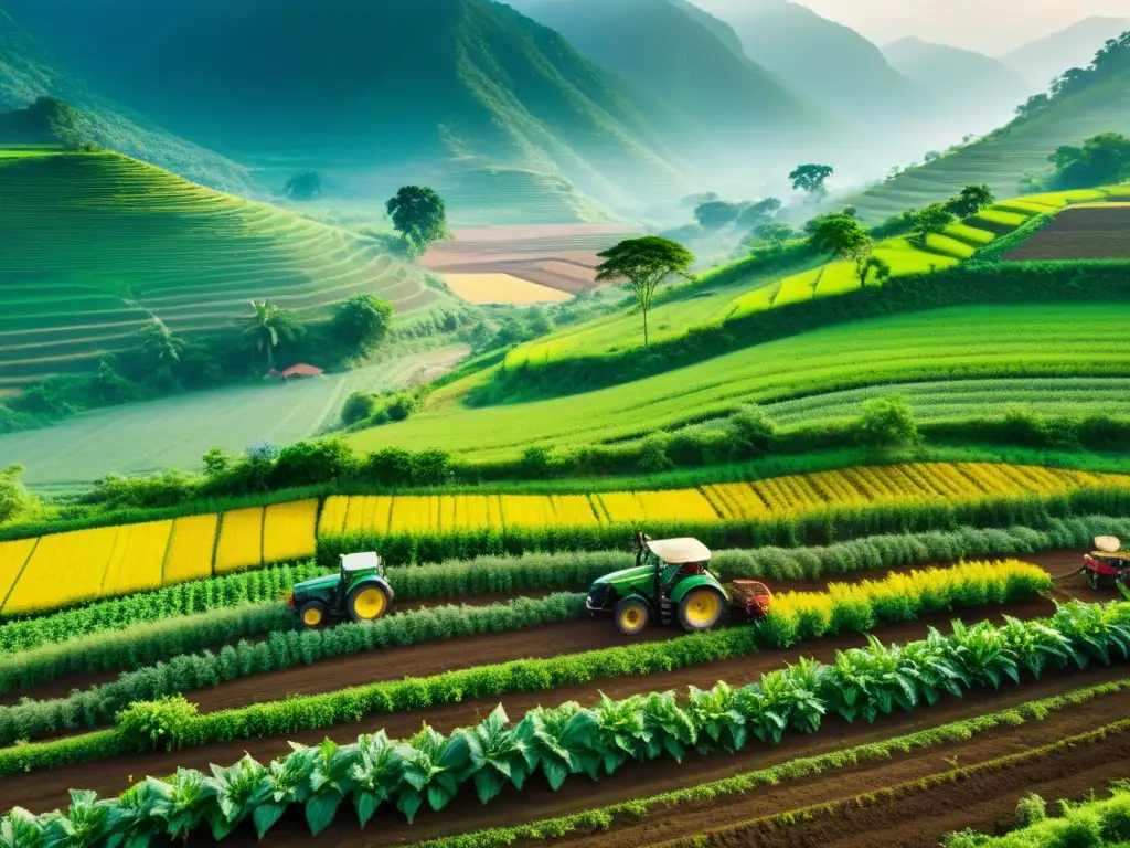 Imagen de agricultores trabajando en un paisaje biodiverso, resaltando la educación agrícola y la conservación de ecosistemas