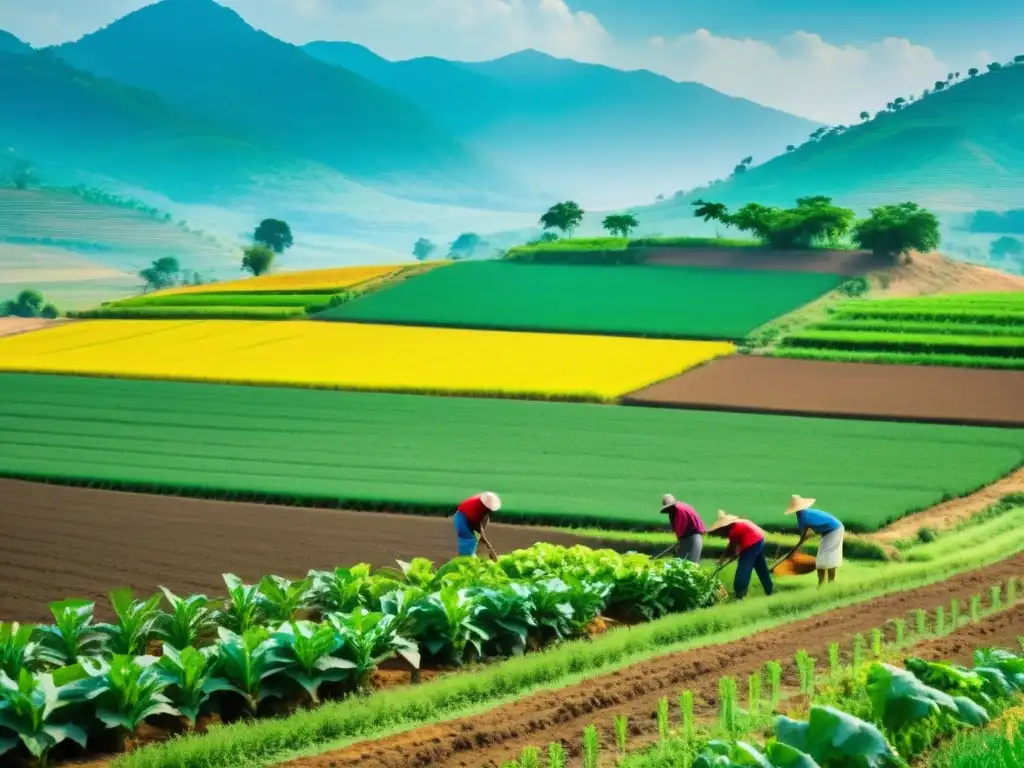 Imagen de agricultores implementando prácticas climáticamente resilientes en un paisaje rural, mostrando adaptaciones agricultura cambio climático