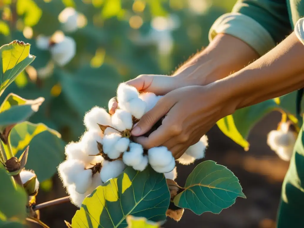 Imagen de algodón orgánico cosechado a mano en un campo soleado, capturando la belleza de la producción textil sostenible