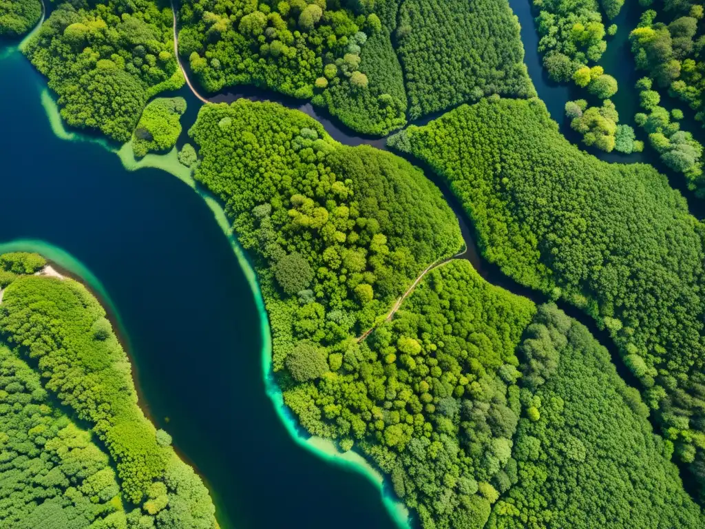 Imagen de satélite de alta resolución: ecosistema forestal exuberante, ríos claros y hábitats variados