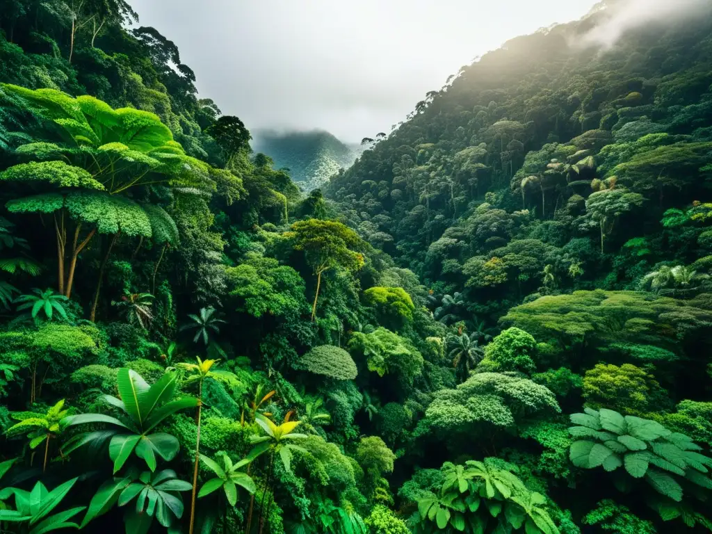 Una imagen de alta resolución estilo documental de un exuberante y vibrante bosque lluvioso, mostrando la evolución de la fotografía de ecosistemas y su biodiversidad