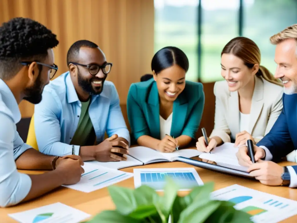 Una imagen de alta resolución que muestra a un grupo diverso comprometido en actividades de inversión sostenible a nivel global, discutiendo proyectos de energía renovable, examinando tecnologías ecoamigables y revisando informes financieros con un enfoque en el impacto ambiental y social