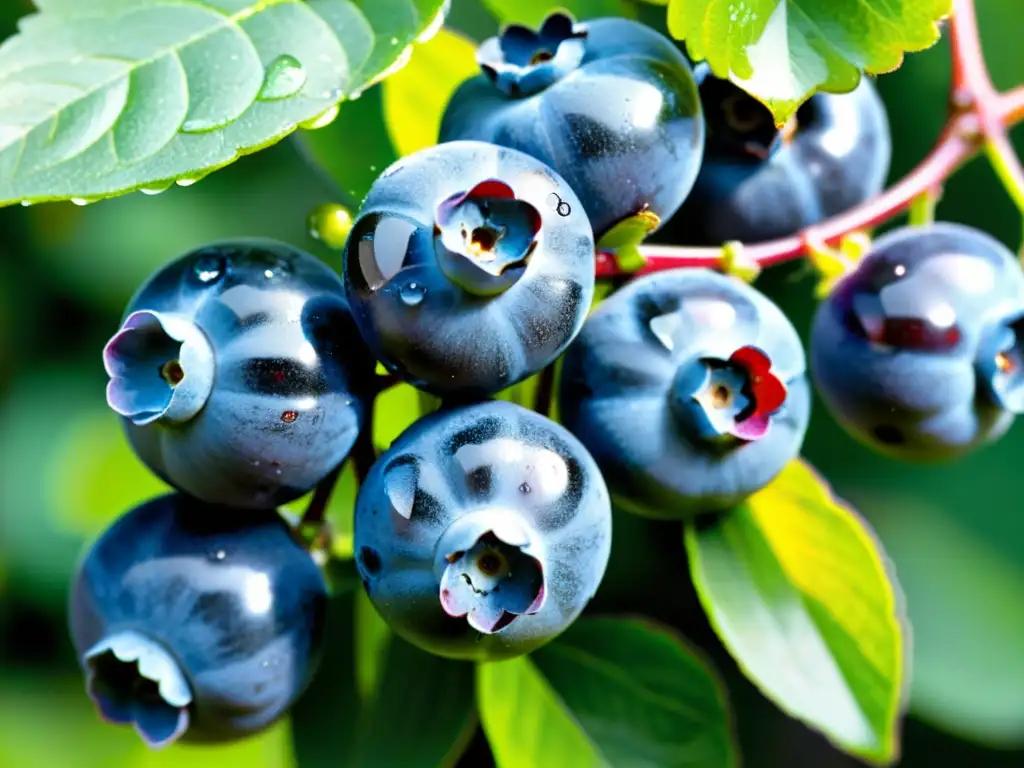 Imagen de arándanos orgánicos con antioxidantes, bañados en rocío, entre hojas verdes