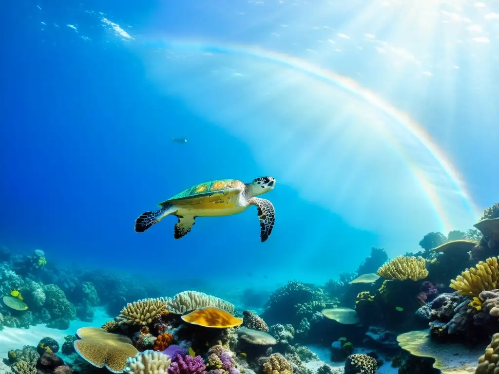 La imagen muestra un arrecife de coral vibrante y lleno de vida, con peces de colores y una tortuga marina