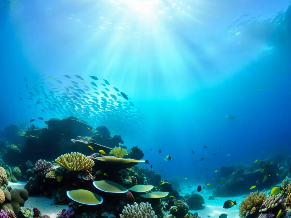 Imagen de un arrecife de coral vibrante, hogar de peces coloridos y vida marina